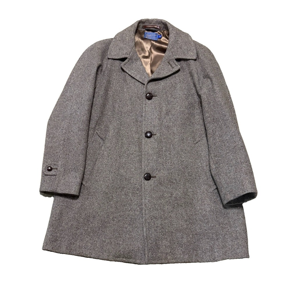 VTG Pendleton Mens L Tweed Wool Three Button Lined Trench Herringbone Pea Coat